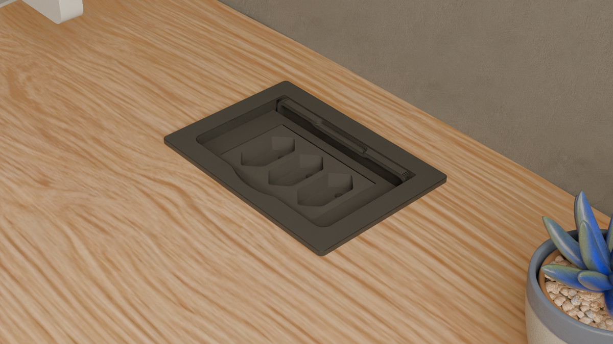 Caixa de tomada para mesa - Tampa embutida (3 tomadas) — Preto