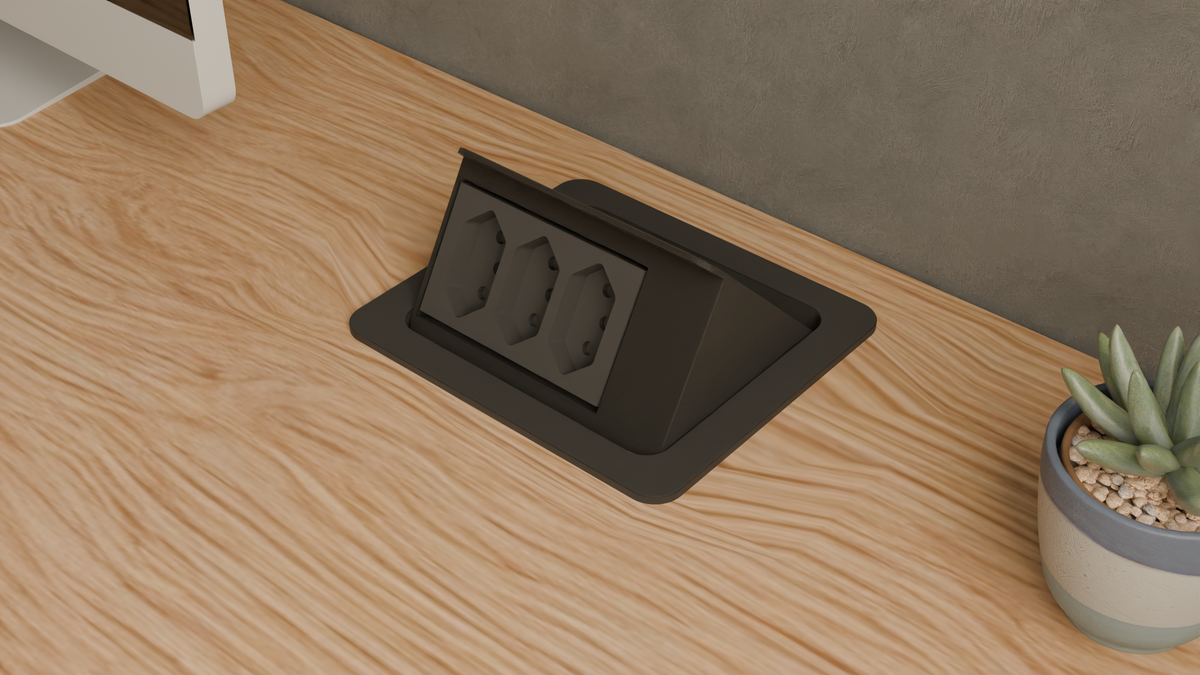Caixa de Tomada para Mesa — Tampa Pump, 3 Tomadas — Preto