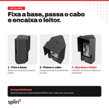 Instalação: fixa a base, passa o cabo e encaixa o leitor