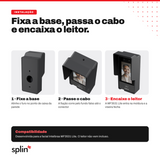 Instalação: fixa a base, passa o cabo e encaixa o leitor