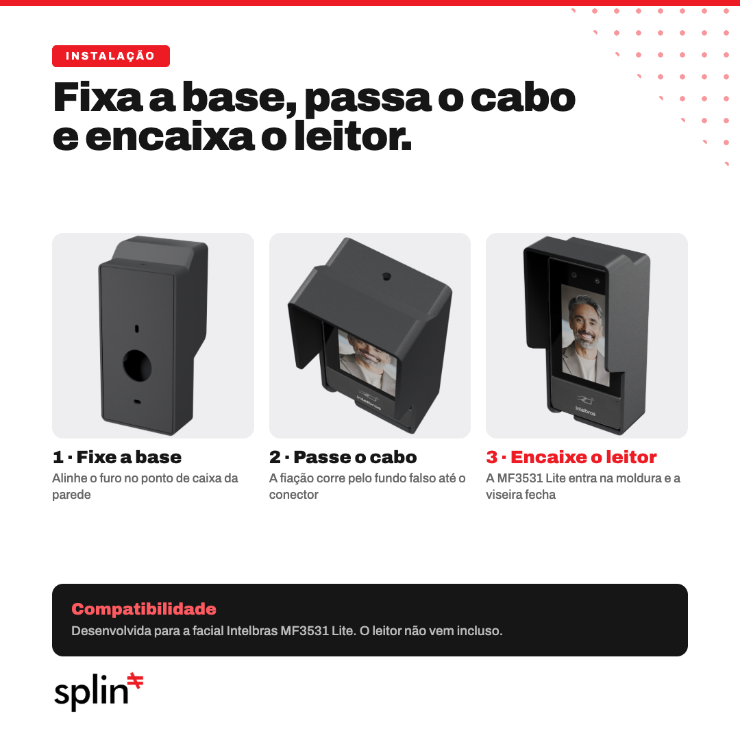 Instalação: fixa a base, passa o cabo e encaixa o leitor