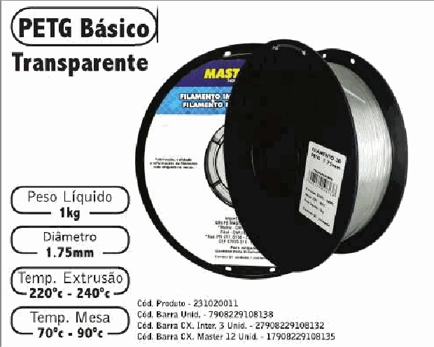 Filamento PETG — cor Transparente