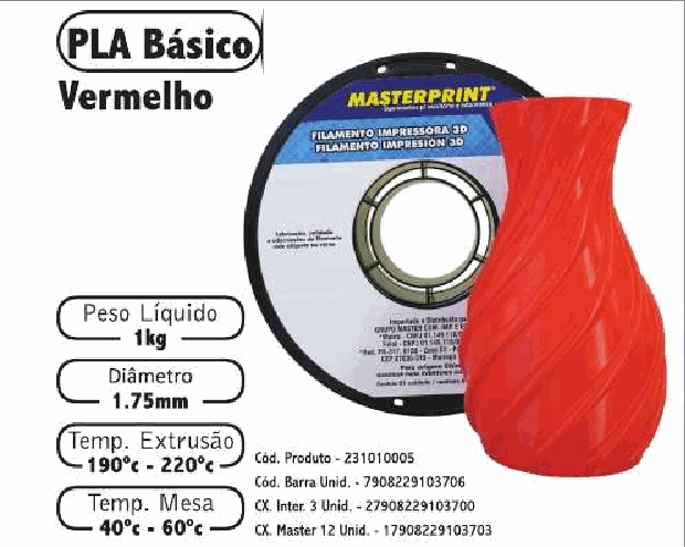 Filamento PLA — cor Vermelho