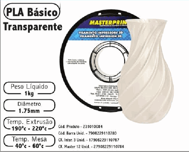 Filamento PLA — cor Transparente